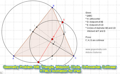 Dynamic Geometry Problem 896: Triangle, Orthocenter, Midpoint, Median, Intersecting Circles, Diameter, Collinear Points. HTML5 Animation for Tablets