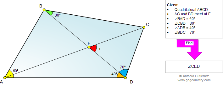 Geometry Problem 955: Quadrilateral, Triangle, Diagonals, Triangle, Angles, 30, 40, 60, 70 Degrees