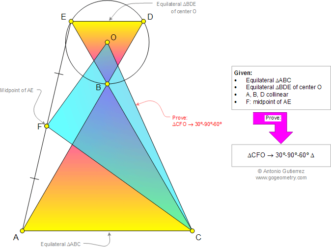 Problema de Geometria 956: Dos Triángulos Equiláteros, Centro, Puntos Colineales, Punto Medio, Triangulo Rectángulo Notable 30-60-90 Grados