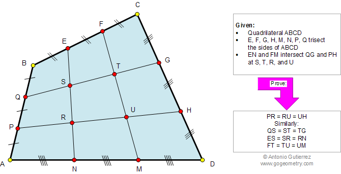 Problema de Geometria 960: Cuadrilátero, Trisección de Lados, Congruencia, Semejanza, Triángulos