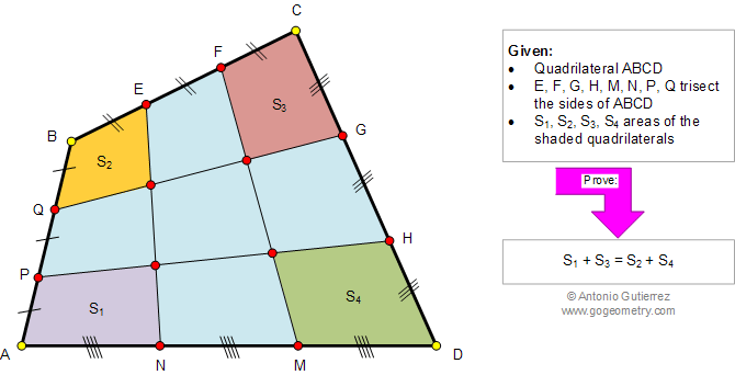Geometry Problem 961: Quadrilateral, Trisection, Sides, Sum of Areas