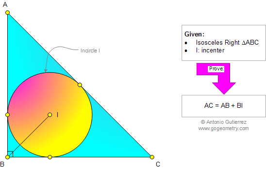 Geometry Problem 976: Isosceles Right Triangle, 45 Degrees, Incenter, Angle Bisector, Hypotenuse