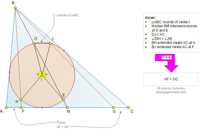 Geometry Problem 990: Triangle, Incircle, Median, Cevian, Central Angle, Congruence, Circle, Secant, Midpoint