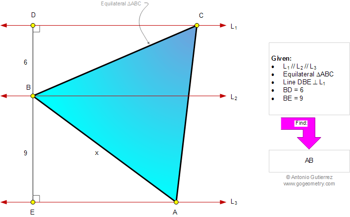 Geometry Problem 997: Equilateral Triangle, Vertices, Three Parallel Lines, Distance, Metric Relations