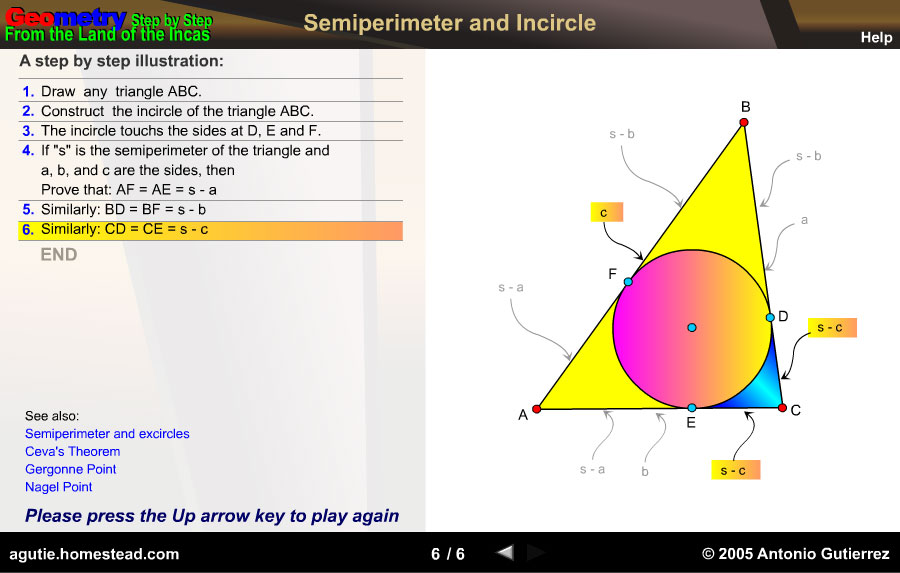 Triangle, Incircle, Circle, Tangency Points, Tangent, Semiperimeter, Side, (s-a), (s-b), (s-c)