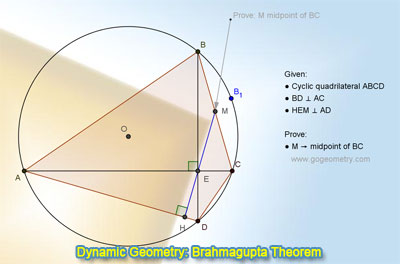 Brahmagupta Theorem, Cyclic Quadrilateral, Perpendicular Diagonals, Midpoint. GeoGebra, HTML5 Animation for Tablets