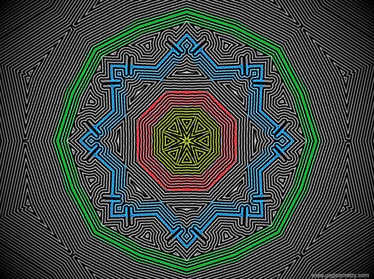 Geometric art: Isolines, Regular Polygons, Square, Octagon, Hexadecagon or Hexakaidecagon, Parallel Lines, Symmetry, Software