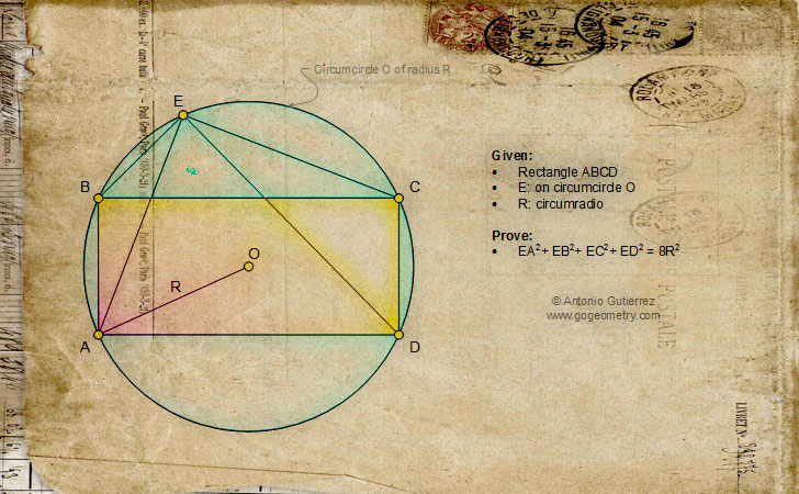 Art of Geometry Problem 1046: Rectangle, Circle, Circumradius, Metric Relations. Mobile Apps for iPad